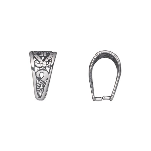 Bail, ice-pick, antiqued sterling silver, 14x8mm double-sided shield with open filigree, 12mm grip length. Sold individually. image number 0