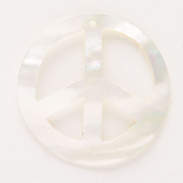 Focal, mother-of-pearl shell (bleached), 50-51mm domed peace sign, Mohs hardness 3-1/2. Sold individually. image number 0