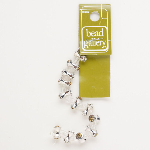 Bead, silver-finished "pewter" (zinc-based alloy) and glass, amber and clear, 10x6mm dog bone. Sold per pkg of 12. image number 0
