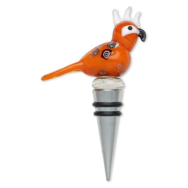 Bottle stopper, lampworked / millefiori glass / rubber / silver-plated "pewter" (zinc-based alloy), multicolored, 4-2/3 x 3 inches with parrot and 2 rings. Sold individually. image number 0
