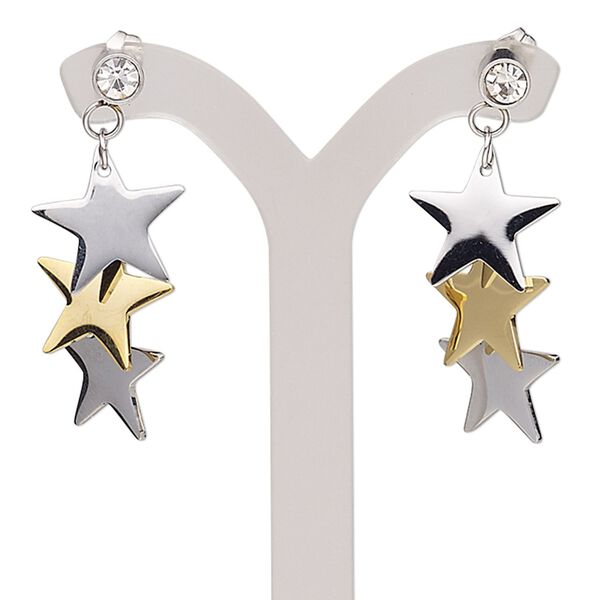 Earring, glass rhinestone / gold finish stainless steel, clear, 39mm with triple star and post. Sold per pair. image number 0