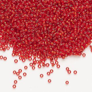 Seed bead, Miyuki, glass, pkg/250g, #15 rocaille, transparent silver-lined flame red, (RR-10).