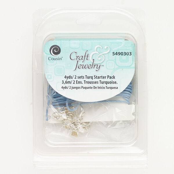 Waxed cotton / mixed metals 1pkg3, round cord / cord end / clasp assortment blue / silver-finished mixed sizes image number 0