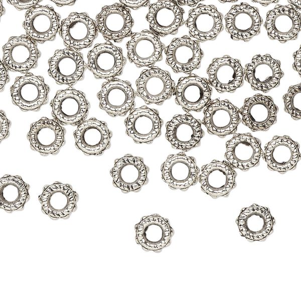 Bead, antique silver-plated "pewter" (zinc-based alloy), 6x2mm beaded rondelle. Sold per pkg of 100. image number 0