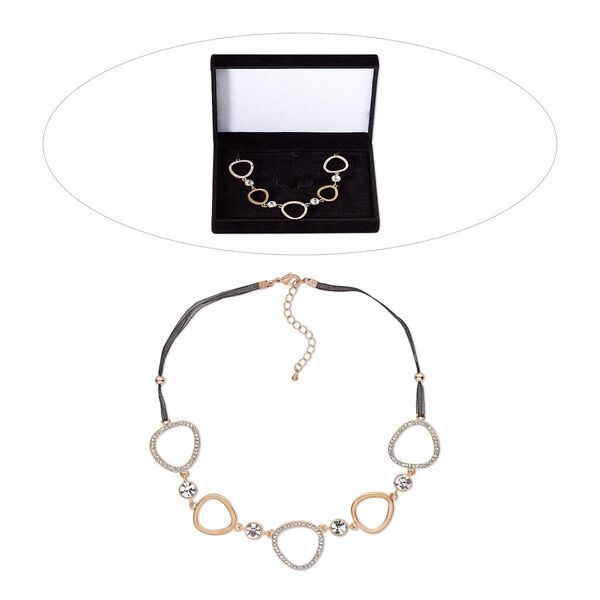 Necklace, Czech glass rhinestone / organza ribbon / rose gold-finished brass / steel / "pewter" (zinc-based alloy), clear and black, 16 inches with 2-inch extender chain and lobster claw clasp. Sold individually. image number 0