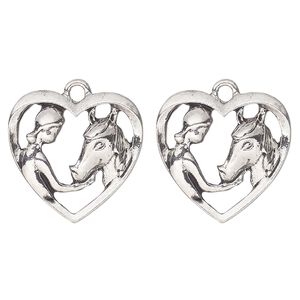 Charm, antique silver-finished "pewter" (zinc-based alloy) , 20x18mm girl and horse heart. Sold per pkg of 2.