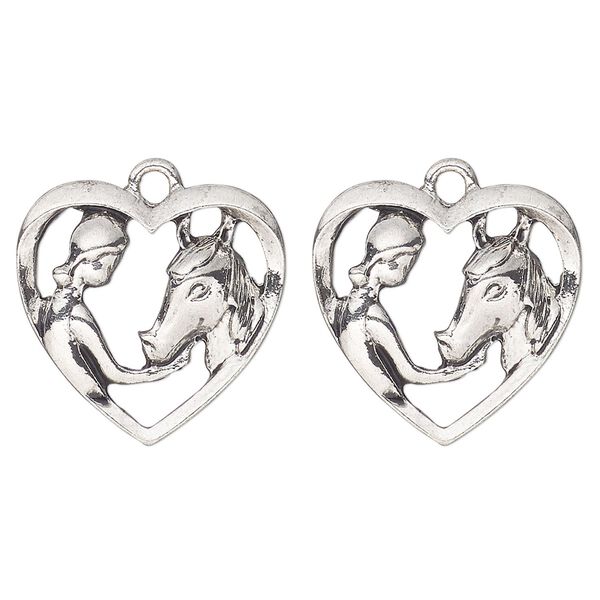 Charm, antique silver-finished "pewter" (zinc-based alloy) , 20x18mm girl and horse heart. Sold per pkg of 2. image number 0
