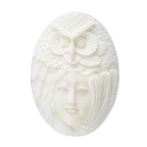 Embellishment, bone (bleached), white, 34x23mm-38x27mm hand-carved single-sided undrilled spirit owl, Mohs hardness 2-1/2. Sold individually.