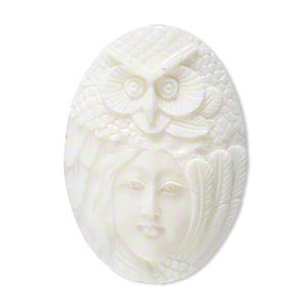 Embellishment, bone (bleached), white, 34x23mm-38x27mm hand-carved single-sided undrilled spirit owl, Mohs hardness 2-1/2. Sold individually. image number 0