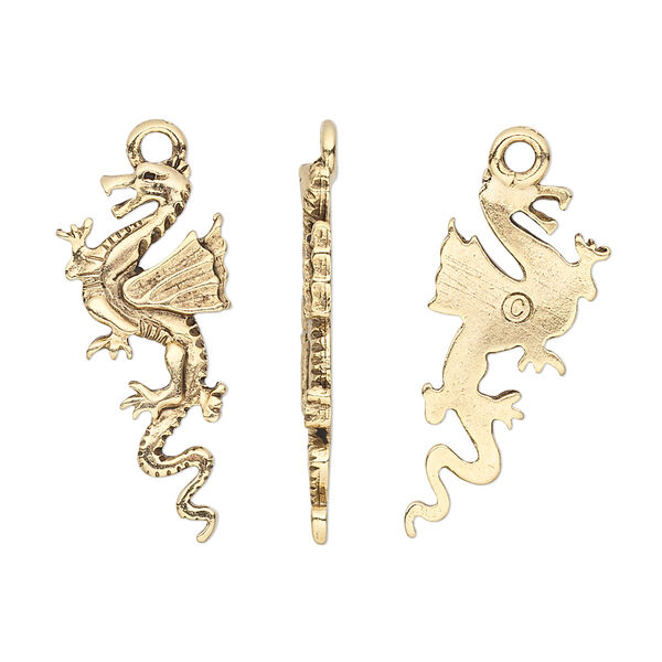 Charm, pewter (tin-based alloy), pkg/1, antique gold plate, 25x11mm dragon. image number 0