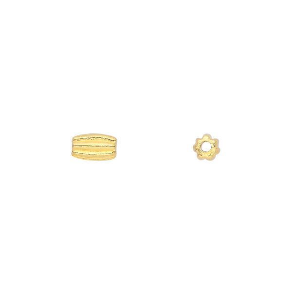 Bead, gold-finished "pewter" (zinc-based alloy), 7x4mm corrugated round tube. Sold per pkg of 100. image number 0