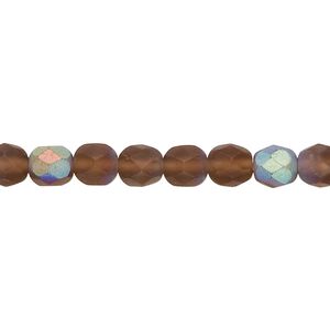 Bead, Czech fire-polished glass, matte light brown AB, 6mm faceted round. Sold per 15-1/2" to 16" strand.
