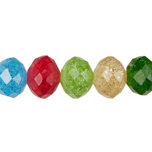 Bead, crackle glass, translucent multicolored, 12x9mm faceted rondelle. Sold per pkg of 20.