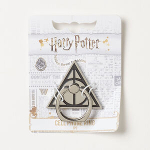 Cell phone ring 1pkg1, silver-finished brass and steel / enamel, black, 42x35mm Deathly Hallows™ triangle.