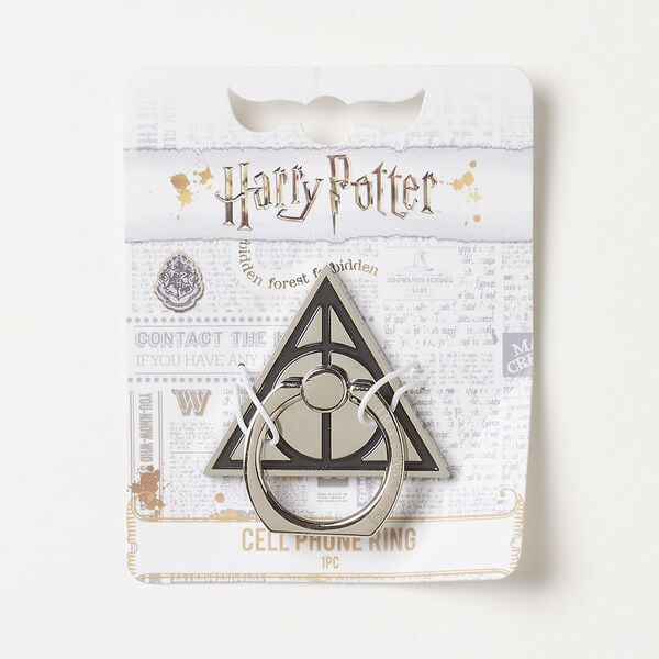 Cell phone ring 1pkg1, silver-finished brass and steel / enamel, black, 42x35mm Deathly Hallows™ triangle. image number 0