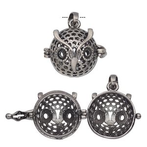 Drop, antique silver-finished "pewter" (zinc-based alloy), 18x17mm round bead cage with owl design and safety latch, (2) SS16 flat back settings, fits up to 14mm bead. Sold individually.