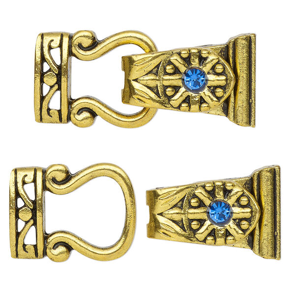 Clasp, magnetic, gold-finished "pewter" (zinc-based alloy) and glass, blue, 29x13mm 2-strand fold-over. Sold per pkg of 2. image number 0