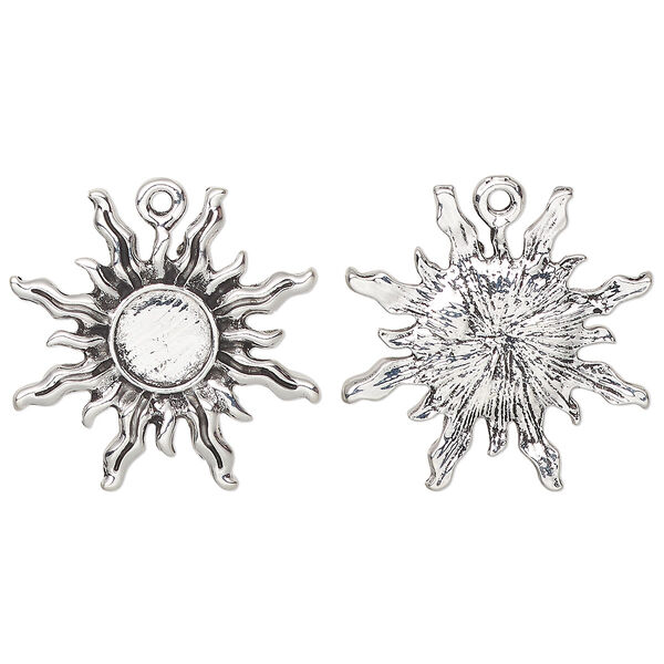 Drop, glue-in, antique silver-finished "pewter" (zinc-based alloy), 27mm single-sided sun with 8mm round setting. Sold per pkg of 4. image number 0