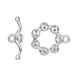 Clasp toggle 1pkg1 "pewter" (zinc alloy), 19mm round, silver-finished / clear rhinestone 1-strand