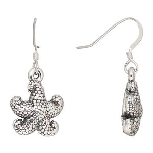 Earring, Create Compliments®, antiqued fine silver, electroformed, 33.5mm beaded starfish with fishhook ear wire. Sold per pair.