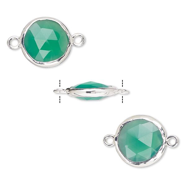 Link, green onyx (dyed) and sterling silver, 12mm double-sided faceted round. Sold per pkg of 2. image number 0
