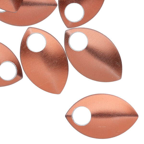 Component, anodized aluminum, orange, 22x14mm 2-sided curved scale blank with 5mm hole, 20 gauge. Sold per pkg of 20. image number 0