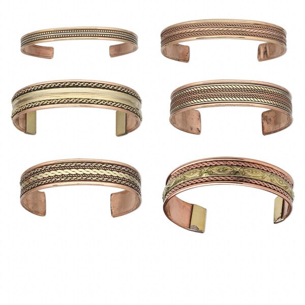 Bracelet, cuff, copper and brass, 7.5-16mm wide with assorted patterns, 7-8 inches. Sold per pkg of 6. image number 0
