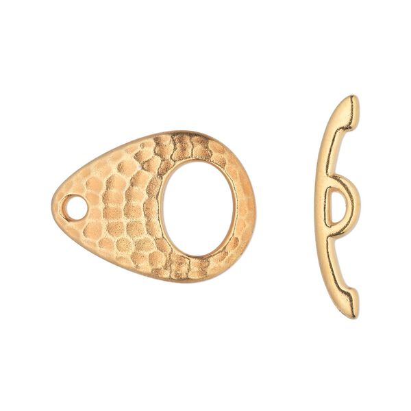 Clasp, TierraCast®, toggle, gold-plated pewter (tin-based alloy), 22x16mm hammered teardrop. Sold individually. image number 0