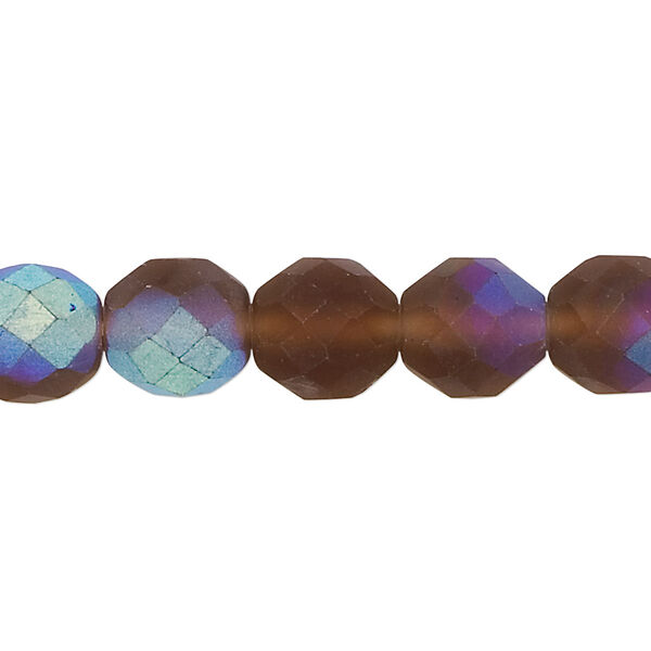 Bead, Czech fire-polished glass, matte light brown AB, 10mm faceted round. Sold per 15-1/2" to 16" strand. image number 0