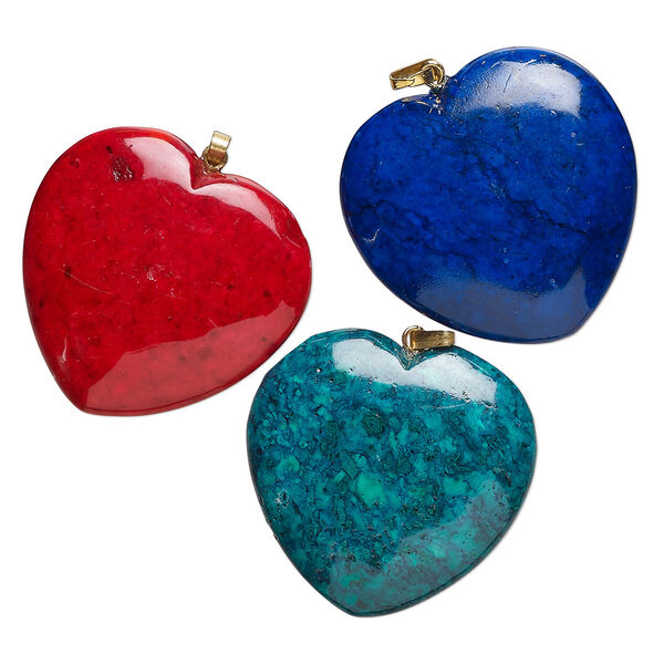 Riverstone / brass 1pkg3, gold-finished / silver-finished heart pendant mix 34-36mm image number 0
