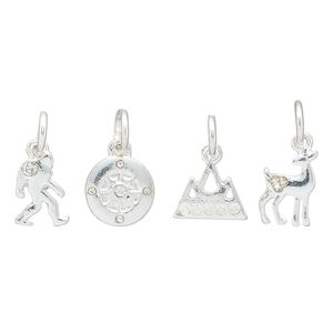 Charm assortment, silver-finished "pewter" (zinc-based alloy) and glass rhinestone, clear, 8-11x7mm multi-shape, Pacific Northwest outdoors theme. Sold per 4-piece set.