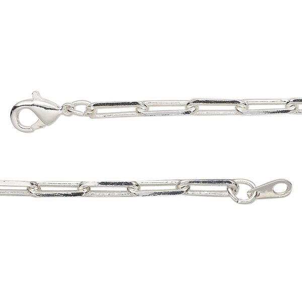Chain, silver-plated brass, 3.3mm paperclip, 36 inches with lobster claw clasp. Sold individually. image number 0
