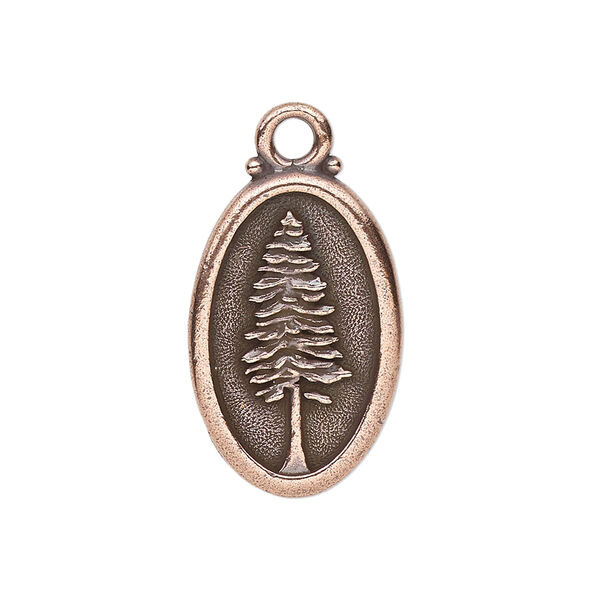 Charm, TierraCast®, antique copper-plated pewter (tin-based alloy), 26x16mm 2-sided oval with redwood and "Not all those who wander are lost." Sold individually. image number 0