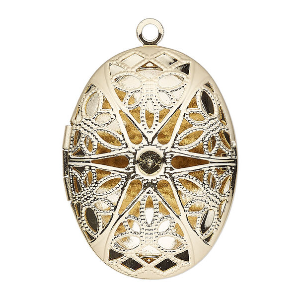 Drop, gold-finished brass, 34.5x26mm single-sided hinged oval bead cage with cutout flower and PP32 chaton setting with 27.5x18mm oval setting. Sold individually. image number 0