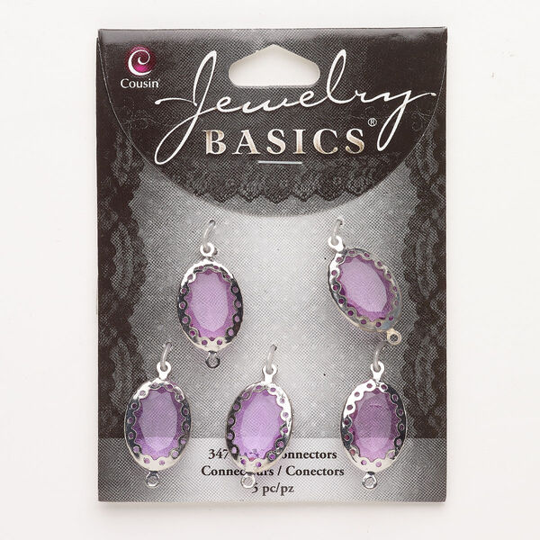 Link, brass and acrylic, pkg/5, silver finish and purple, 19x14mm faceted oval. image number 0