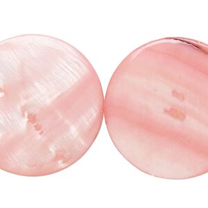 Bead, mother-of-pearl shell (dyed), pink, 30mm flat round with 0.6-1mm hole, Mohs hardness 3-1/2. Sold per 15-inch strand.