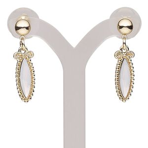 Earring, acrylic with gold-finished steel and "pewter" (zinc-based alloy), white, 1-1/2 inches with marquise and post. Sold per pair.