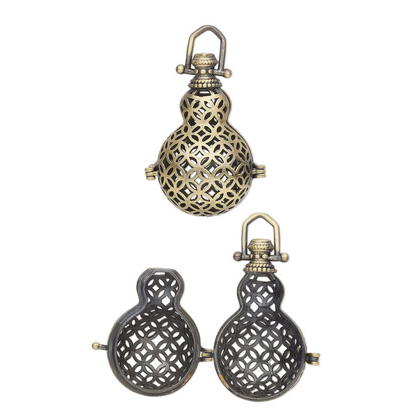 Focal, antique brass-finished brass, 35.5x19mm bead cage with cutout mesh design and safety latch, fits up to 18mm bead. Sold individually. image number 0