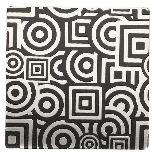 Focal, imitation rhodium-finished carbon steel, black, 40x40mm single-sided square with geometric design. Sold per pkg of 2. image number 0