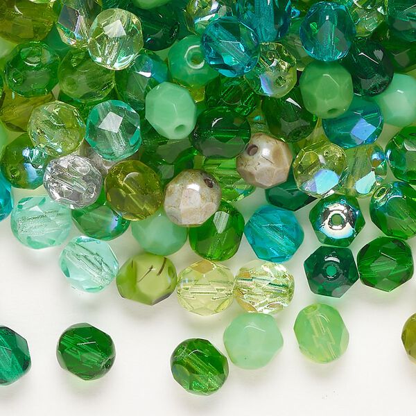 Bead mix, Czech fire-polished glass, pkg/200, 6mm faceted round, opaque and translucent multi-green. image number 0