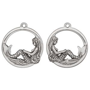 Charm, pewter (tin-based alloy), pkg/1, antiqued, 22mm double-sided round with mermaid.