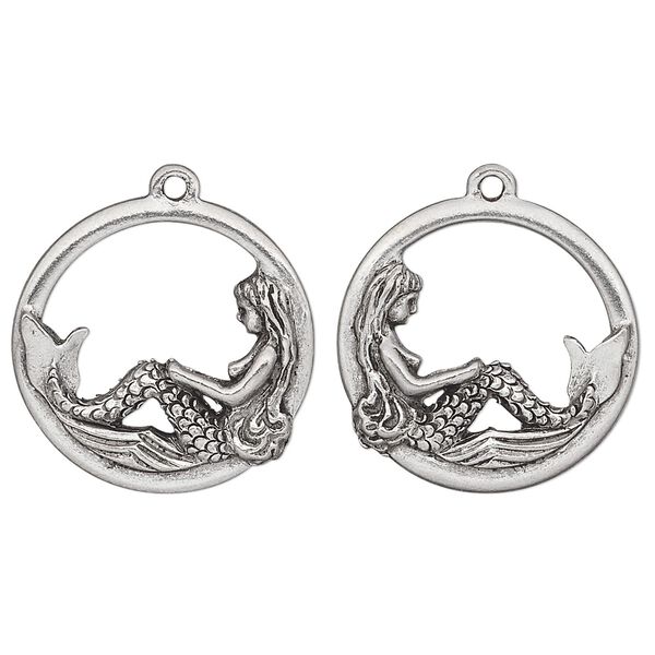 Charm, pewter (tin-based alloy), pkg/1, antiqued, 22mm double-sided round with mermaid. image number 0