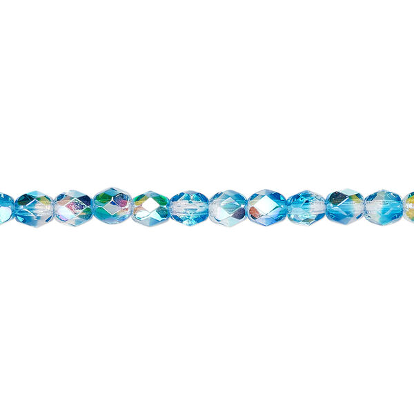 Bead, Czech fire-polished glass, two-tone, crystal/aqua AB, 4mm faceted round. Sold per 15-1/2" to 16" strand. image number 0