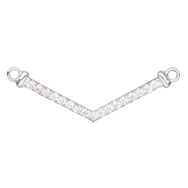 Focal, sterling silver and cubic zirconia, clear, 37x12mm single-sided V-shape with 2 loops. Sold individually. image number 0