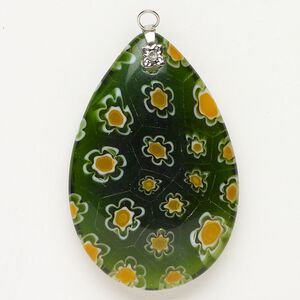 Focal 1pkg1 silver-finished steel and millefiori glass, translucent and transparent green / yellow-orange / white, 47x30mm-48x33mm puffed teardrop.