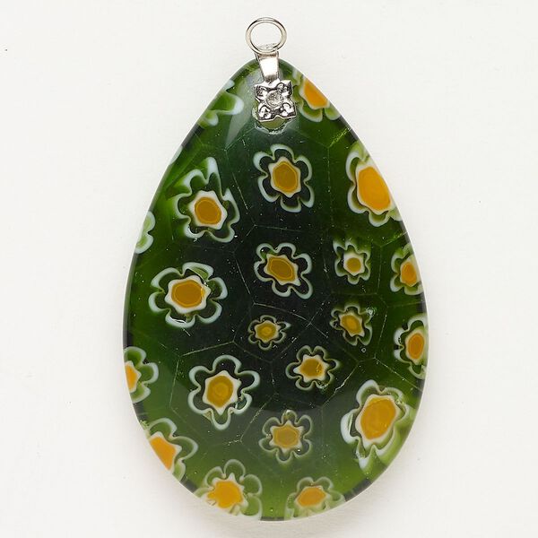 Focal 1pkg1 silver-finished steel and millefiori glass, translucent and transparent green / yellow-orange / white, 47x30mm-48x33mm puffed teardrop. image number 0