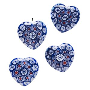 Bead, millefiori glass, translucent multicolored, 18-20mm half-drilled puffed heart with flower design. Sold per pkg of 4.