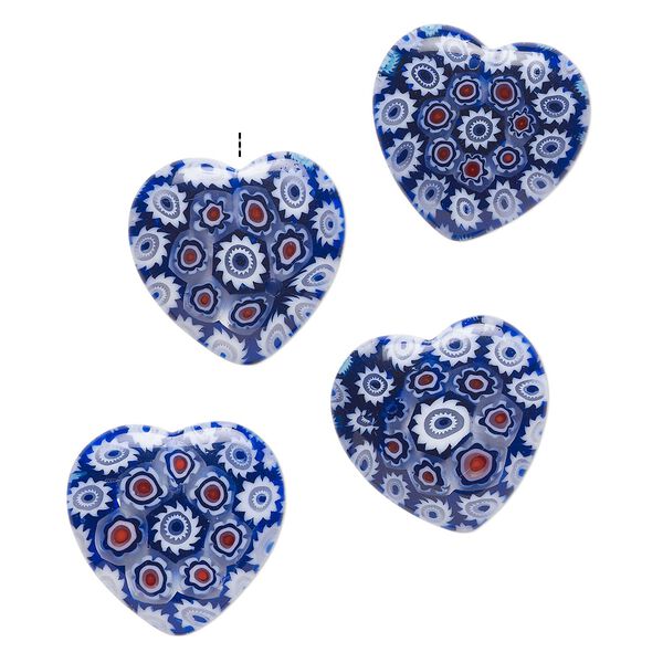 Bead, millefiori glass, translucent multicolored, 18-20mm half-drilled puffed heart with flower design. Sold per pkg of 4. image number 0