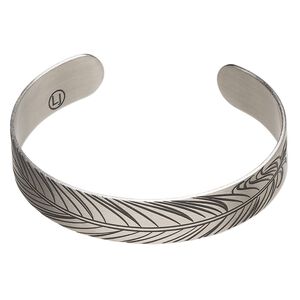 Bracelet cuff 1pkg1 silver-finished brass, black, 12mm wide with feather on outside / "Be mindful" on inside.