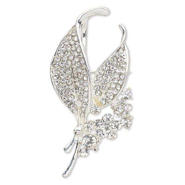 Brooch / pendant, glass rhinestone and imitation rhodium-plated "pewter" (zinc-based alloy), clear, 60x32mm leaves with hidden bail. Sold individually. image number 0